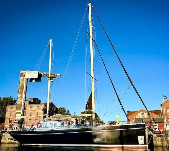 Large sailing yacht in harbor